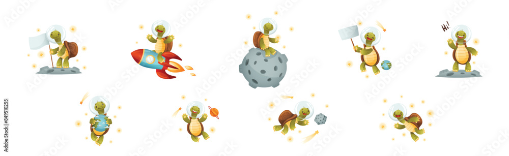 Poster funny turtle character explore outer space vector set