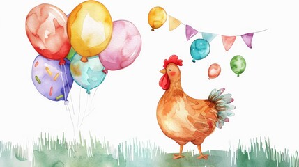 A watercolor painting of a chicken wearing a party hat and holding a bunch of balloons.