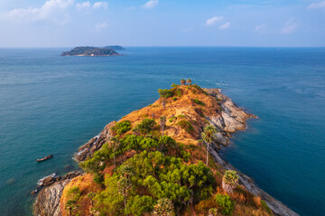 Viewpoint Promthep Cape of Phuket, Amazing aerial view sunset above Nai Harn beach, Thailand travel