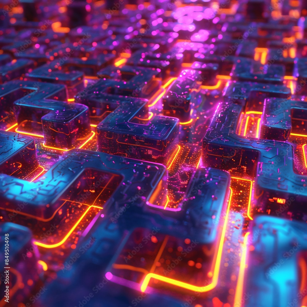 Poster computer keyboard with neon lights close up