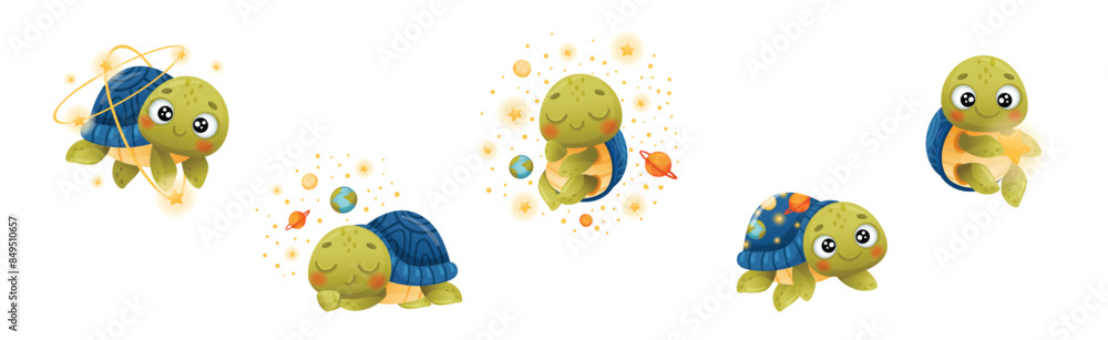 Poster funny turtle character explore outer space vector set