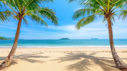Obraz premium a tropical beach, complete with swaying palm trees, crystal-clear sea water, and pristine white sand, against a backdrop of endless blue sky