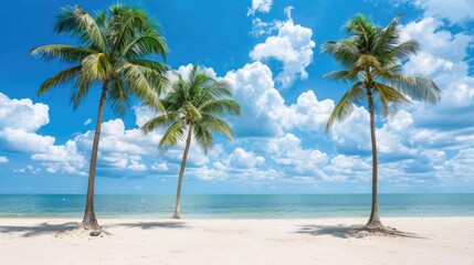 Obraz premium a tropical beach, complete with swaying palm trees, crystal-clear sea water, and pristine white sand, against a backdrop of endless blue sky