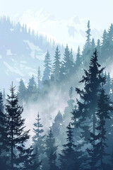 Obraz premium Misty Montana Forest Frozen Landscape in Pacific Northwest, Vector Style Animation