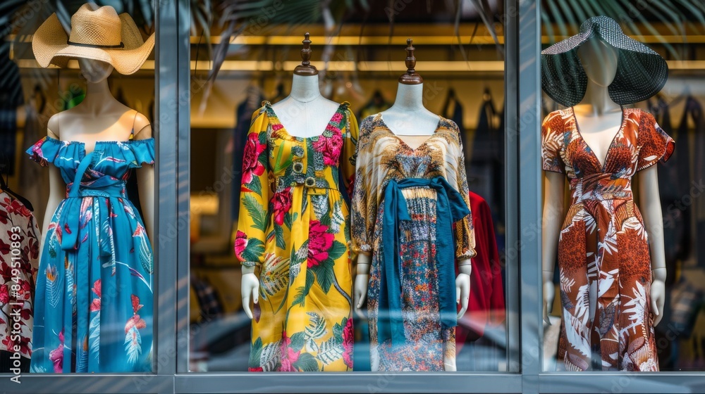 Poster a window display of colorful dresses with floral patterns