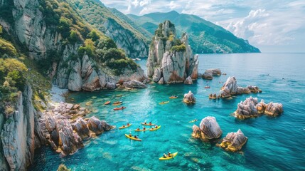 kayakers gliding peacefully on the calm waters of the Black Sea, framed by imposing rocks and dotted with lively fishing boats and people, a dark gray sky and lush greenery. - Powered by Adobe