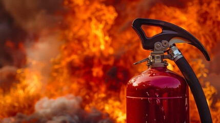 Obraz premium A fire extinguisher stands boldly against a backdrop of dramatic flames, representing safety and security measures