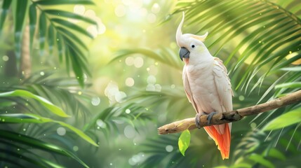A white parrot perched on a branch, surrounded by the lush green blur of a dense forest, photo realistic, every feather detailed, vibrant colors contrasting against the green background