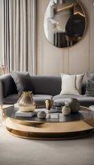 Minimalist home interior design of modern living room Luxury curved sofa and golden coffee table