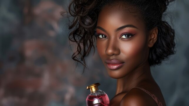 African-American woman with a perfume bottle, dark gray background, showcasing elegance and sophistication, photorealistic, professional photography, detailed