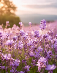 Naklejka premium Field of purple spring or summer flowers with soft blurred background. Beautiful nature.