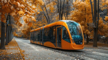 Obraz premium a modern electric city tram gliding along an asphalt road in a park, surrounded by lush green trees adorned with leaves of varying colors, evoking the vibrant beauty of summer.