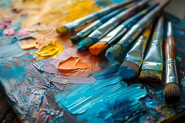 Fototapeta premium Various paintbrushes on colorful palette