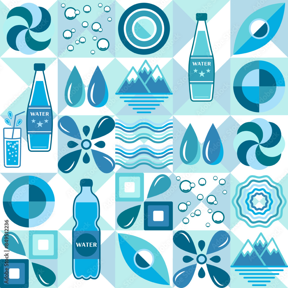 Poster pattern with water icons, design elements in flat simple geometric style. seamless background with a