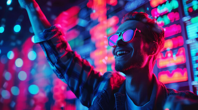 Vibrant image of a man in neon lights with stylish glasses, exuding joy and excitement in a dynamic, colorful environment.