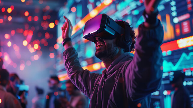 A man wearing virtual reality headset enjoys an immersive experience at a futuristic event with vibrant lights and digital displays.