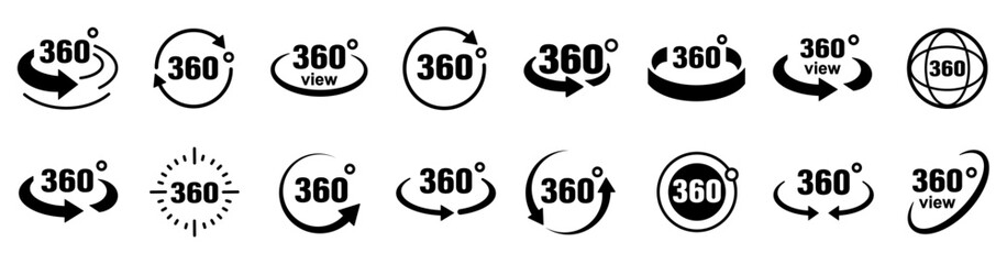 360 degrees arrow, rotate around set icon. Circle signs vertical, horizontal and diagonal view with arrows rotation to 360 degrees. Virtual reality. Rotate cycle, circular moving symbol. EPS 10