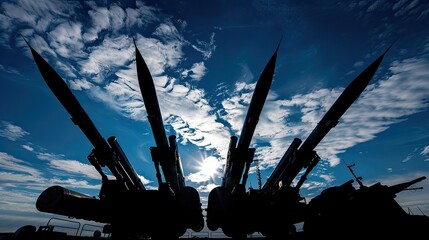 an antiaircraft system featuring cannons and cruise missiles on a vibrant blue sky, accompanied by the silhouettes of four white round rocket shells standing prominently in the foreground.