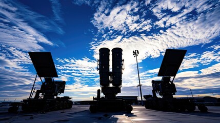 an antiaircraft system featuring cannons and cruise missiles on a vibrant blue sky, accompanied by the silhouettes of four white round rocket shells standing prominently in the foreground.