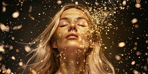 A beautiful blonde woman with her eyes closed covered in golden glitter and gold paint on shiny particle floating in dark background