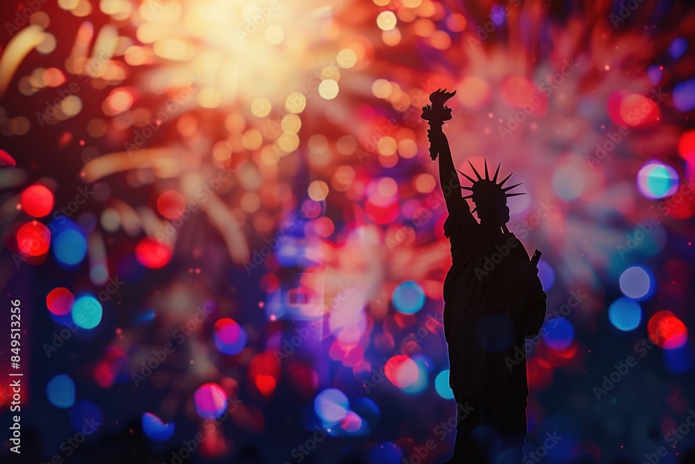 Poster blurred background with colorful fireworks and american flag in motion on the right side of frame, b