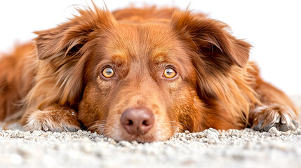 A red dog with light brown eyes lies on the gravel, looking at the camera. Close-up ground level shot