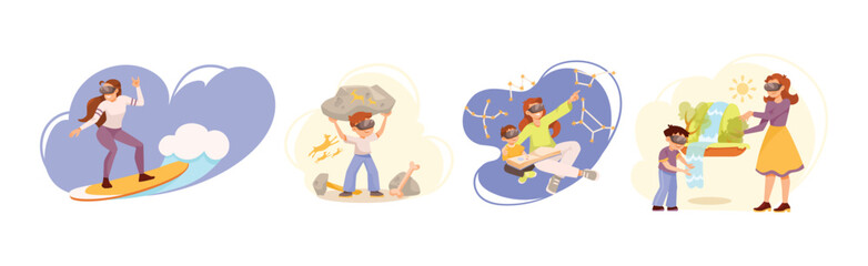 Adults and Children in Augmented Reality Glasses Vector Set