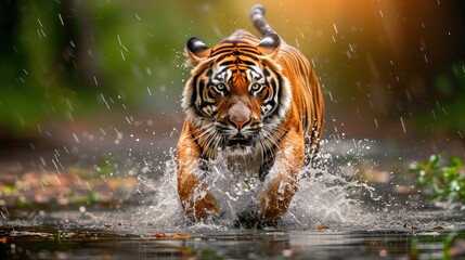 a majestic tiger gracefully walking through a river, its powerful paws splashing water, with a vibrant green forest in the background enhancing the enchantment of the scene.