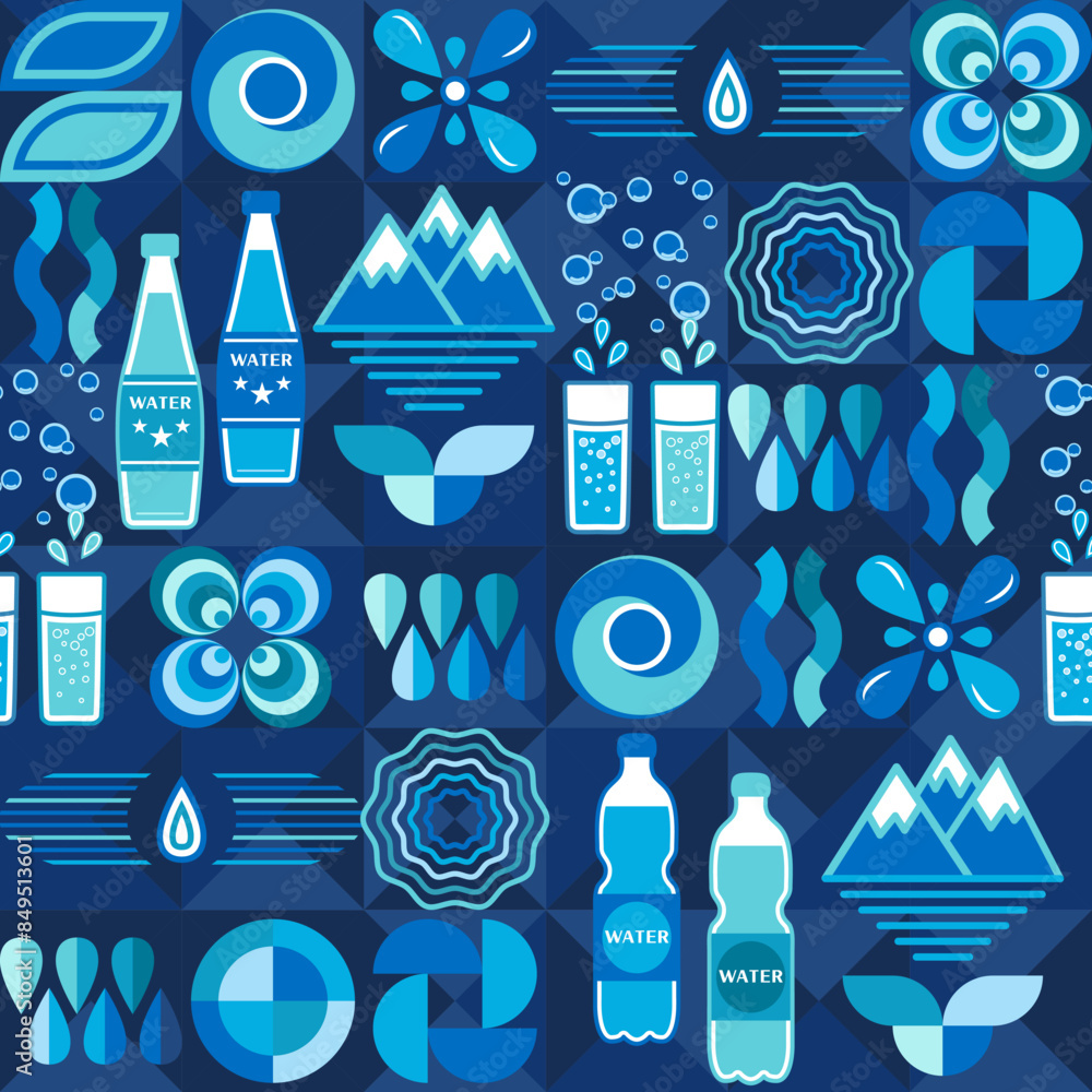 Poster pattern with water icons, design elements in flat simple geometric style. seamless background with a