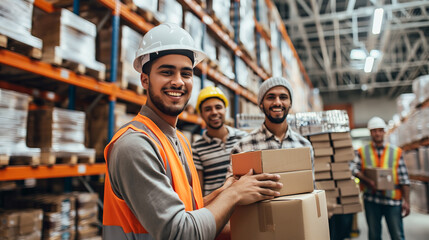 Smiling Warehouse Workers Handling Cardboard Boxes in Storage Facility