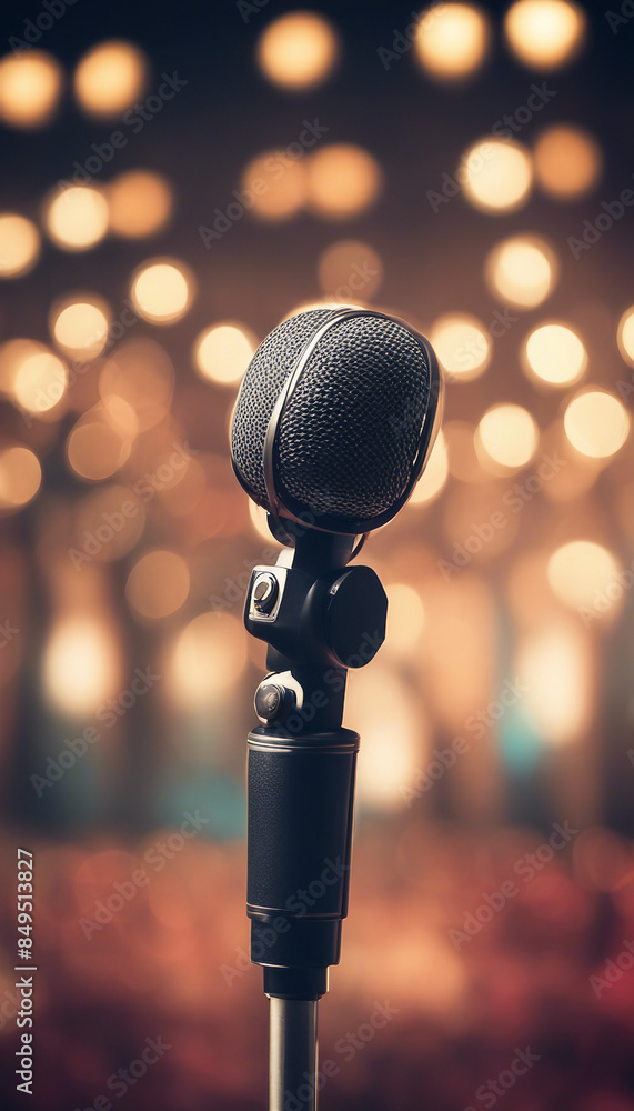 Poster retro microphone on stage with bokeh light