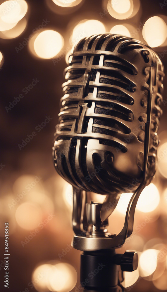 Poster retro microphone on stage with bokeh light