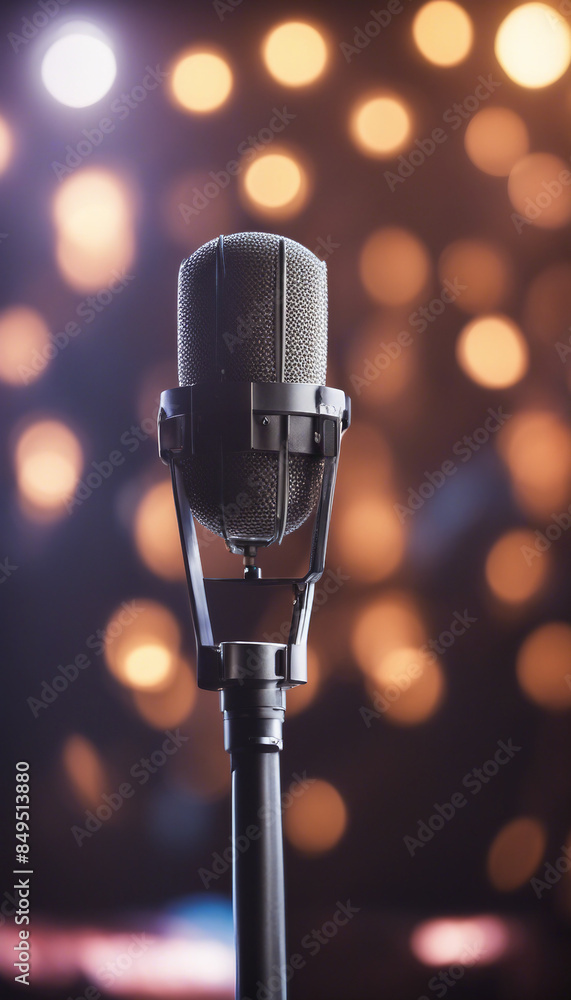 Poster retro microphone on stage with bokeh light