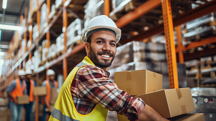 Smiling Warehouse Worker in Safety Gear Handling Packages with Team in Background