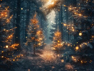 Magical forest with christmas trees and glowing lights