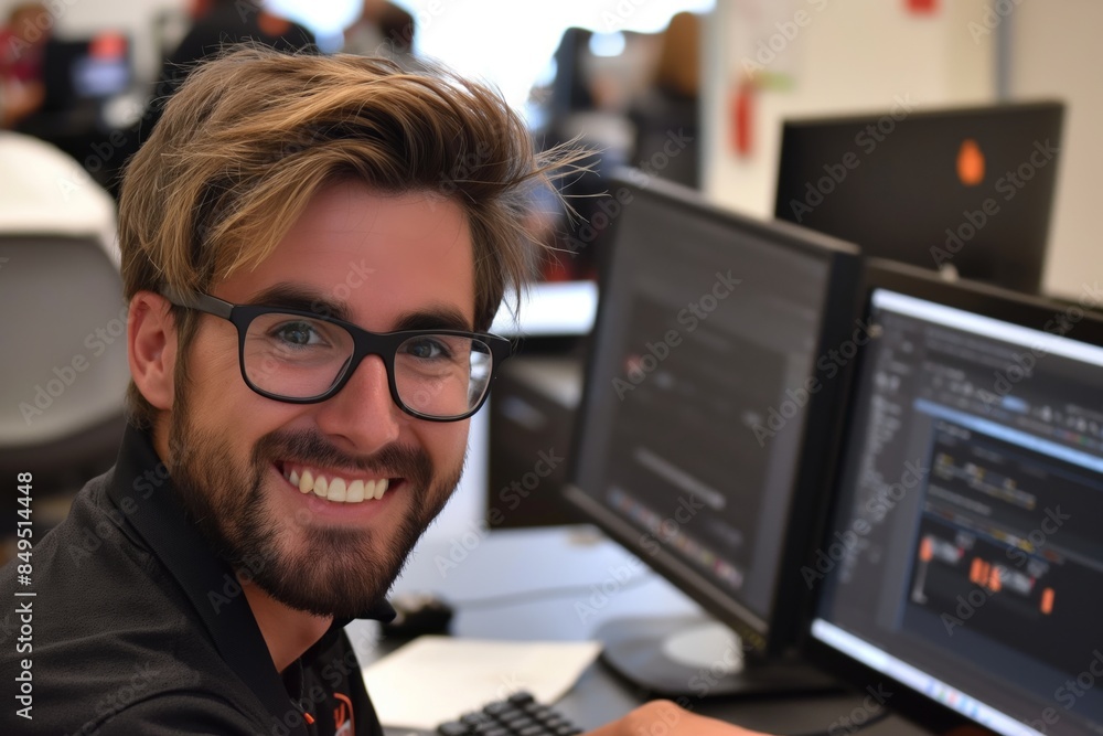 Poster a happy programmer wearing glasses smiles at his desk with code on his computer screens.