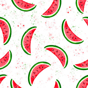 Seamless background with watermelon slices. Bright watercolor sketch of watermelon. 