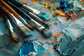 Fototapeta premium Assorted paint brushes on palette with blue and green paint