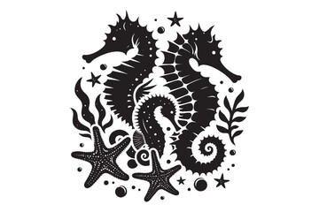 Seahorses and starfish silhouette Vector Illustration 