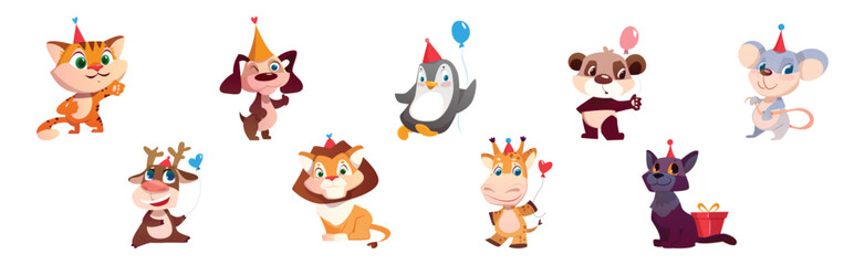Cute Animals Greeting with Birthday in Cone Hat Vector Set