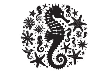 Seahorses and starfish silhouette Vector Illustration 