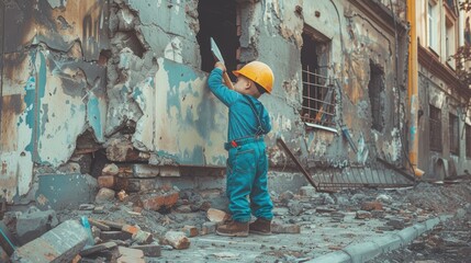 a cute little boy in blue overalls and a yellow helmet holding a trowel, standing at the wall of an unfinished house surrounded by construction materials.