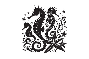 Seahorses and starfish silhouette Vector Illustration 