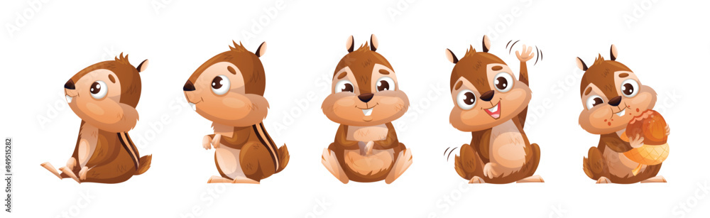 Poster funny chipmunk character with cute snout engaged in different activity vector set