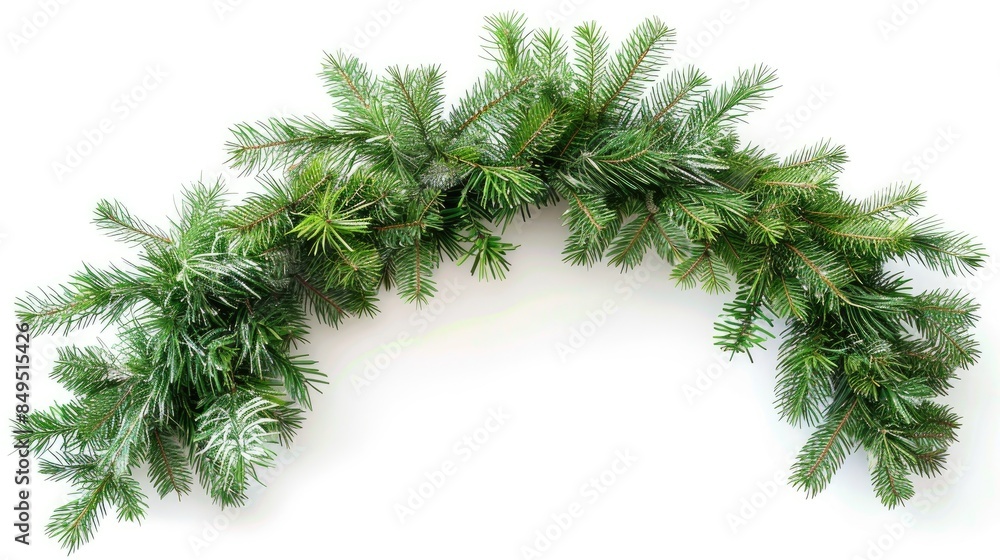 Sticker fresh fir branches creating a wide arched christmas border on a white backdrop