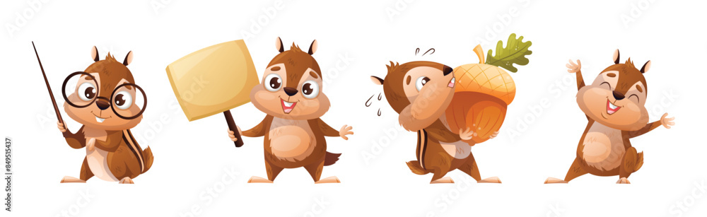 Poster funny chipmunk character with cute snout engaged in different activity vector set