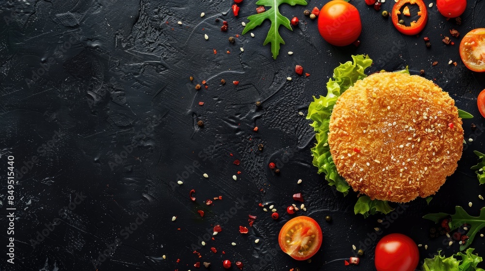 Poster top view of fried cutlet burger with vegetables and empty space for text
