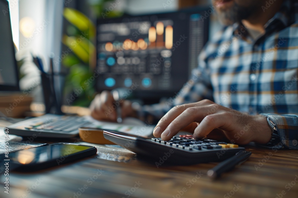 Poster person calculating on wood table next to computer