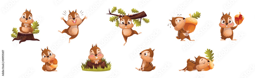 Poster funny chipmunk character with cute snout engaged in different activity vector set