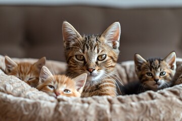 Three kittens resting in a pet bed